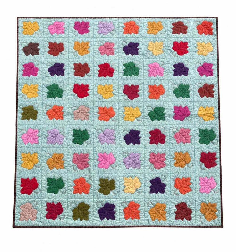 Vintage Handmade Quilted Colorful Fall Leaves Quilt